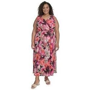 Calvin Klein-Plus Size V-Neck Floral Printed Fit + Flare Faux Wrap Dress-18W-NWT